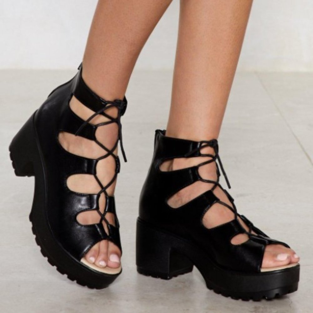 Open Toe Lace Up Black Platform Sandals